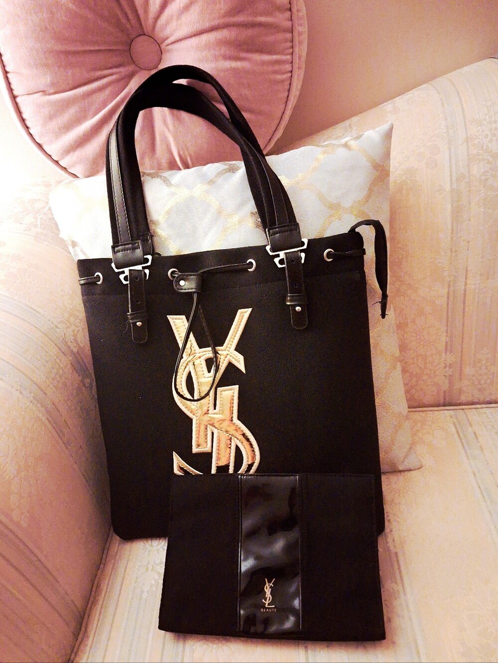 NWOT YSL Black Tote with Gold YSL Logo & Pouch